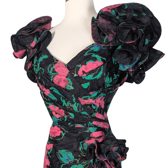 Vintage 80s Red Rose Floral Print Ruffle Sleeve Prom Cocktail Party Dress M - Picture 12 of 14